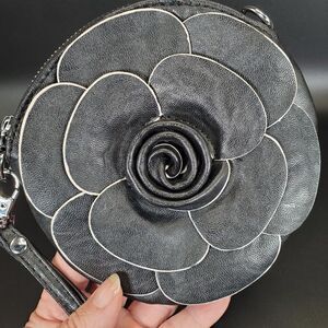 Black Leather Rosette Wristlet 5.75" Floral Round Clutch